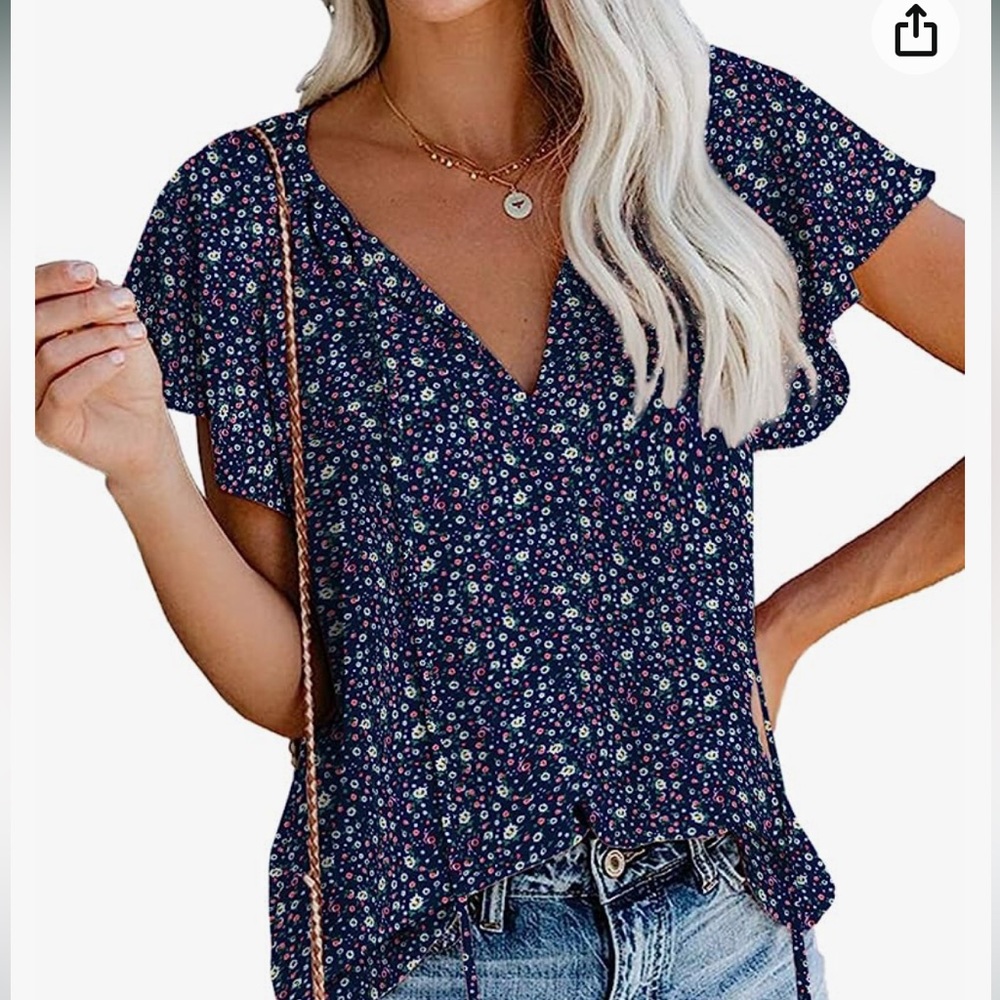 SimpleFun NWT XL Women's Boho Top Floral V Neck Short Sleeve Blouse
